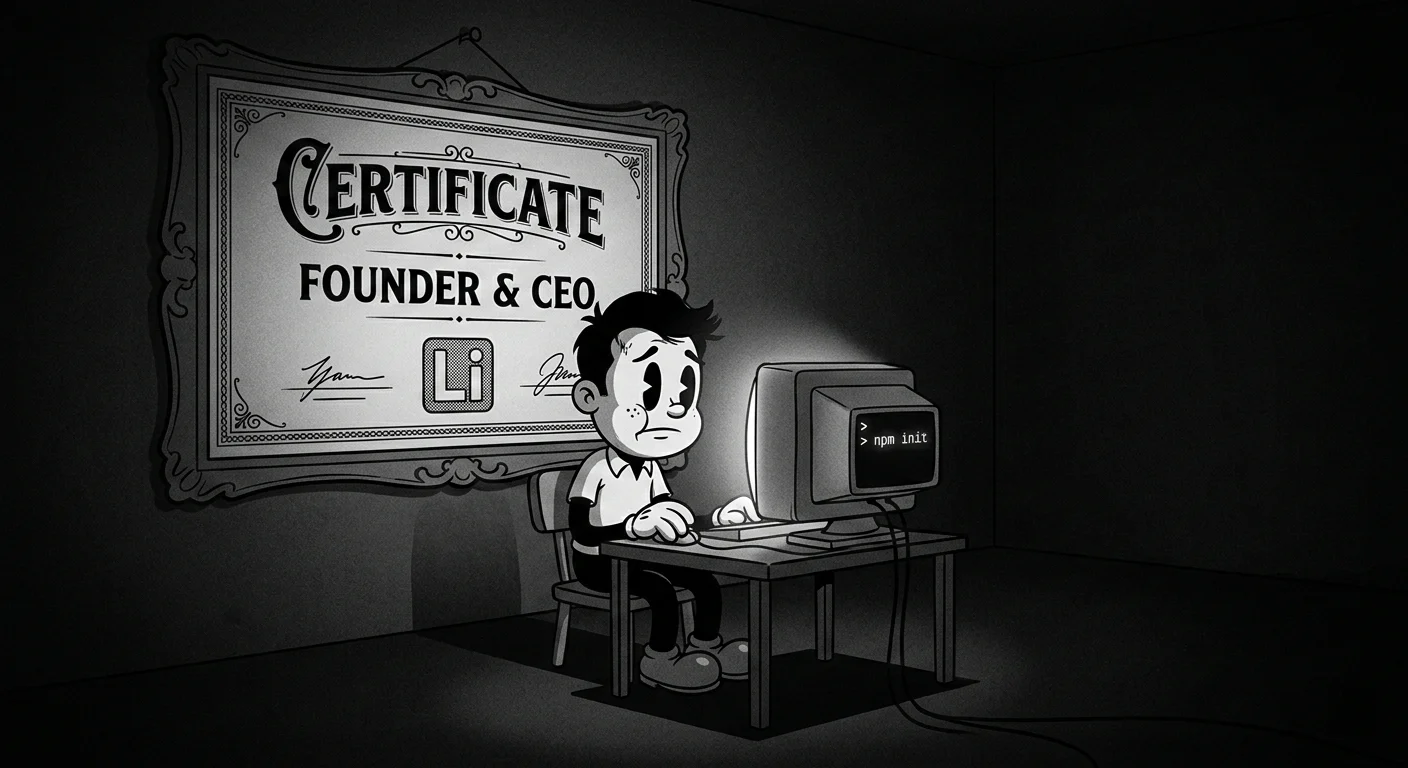 A sad cartoon kid sitting alone in a dark room with npm init on the screen and a massive Founder and CEO certificate on the wall